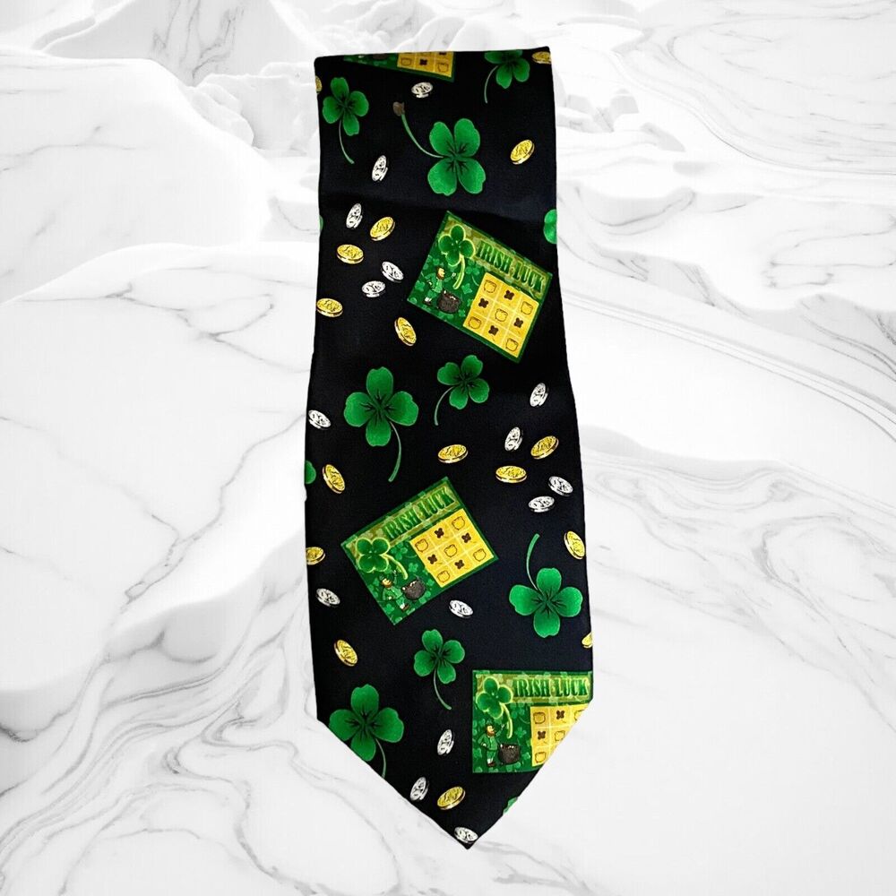 Vintage Silk Tie "Irish Luck" Shamrock, Coins, St Patrick's Day 60"